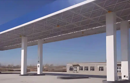 海北钢结构加油站罩棚_螺栓球网架_挑檐_形象柱！